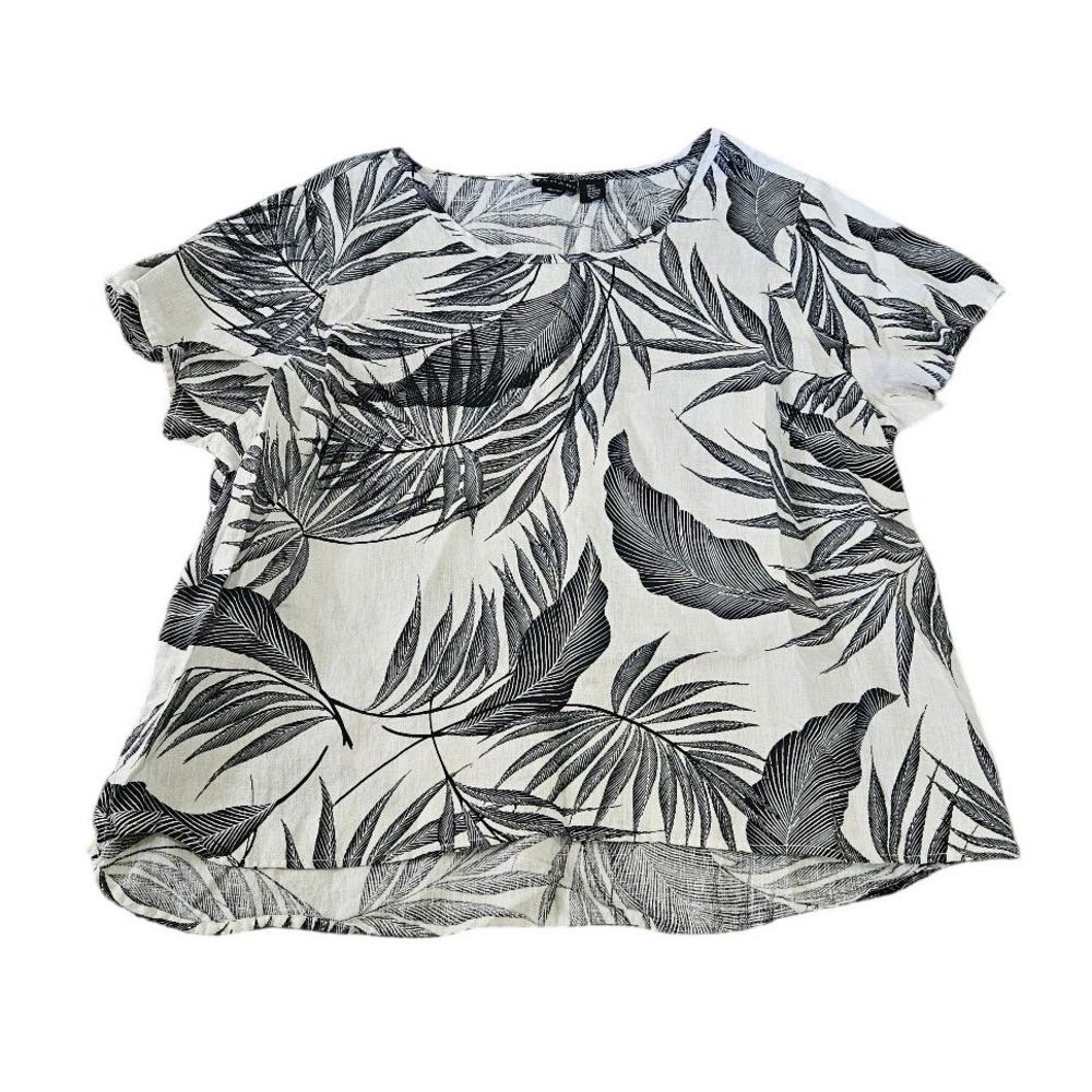 Tahari Womens 2X Linen Top Black White Tropical Palm Leaf Print Short Sleeve